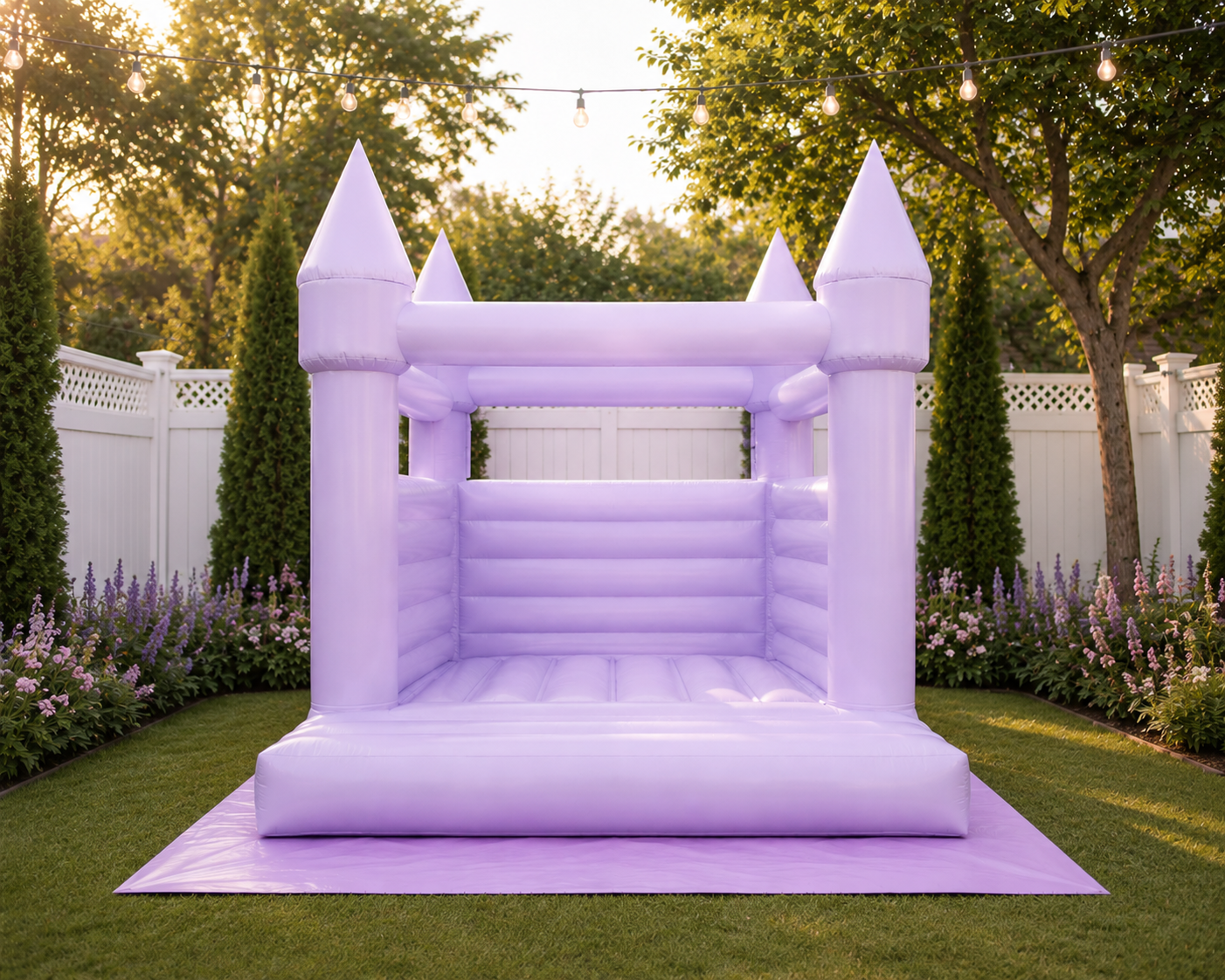 White bounce house in elegant garden setting