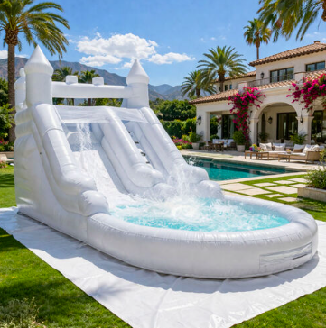 White bounce house in elegant garden setting