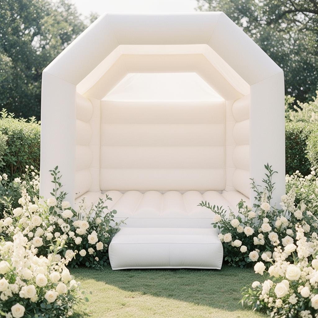 White bounce house in elegant garden setting