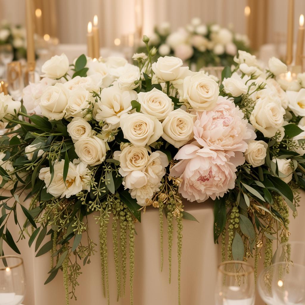 Abundant ivory and blush florals in soft candlelight