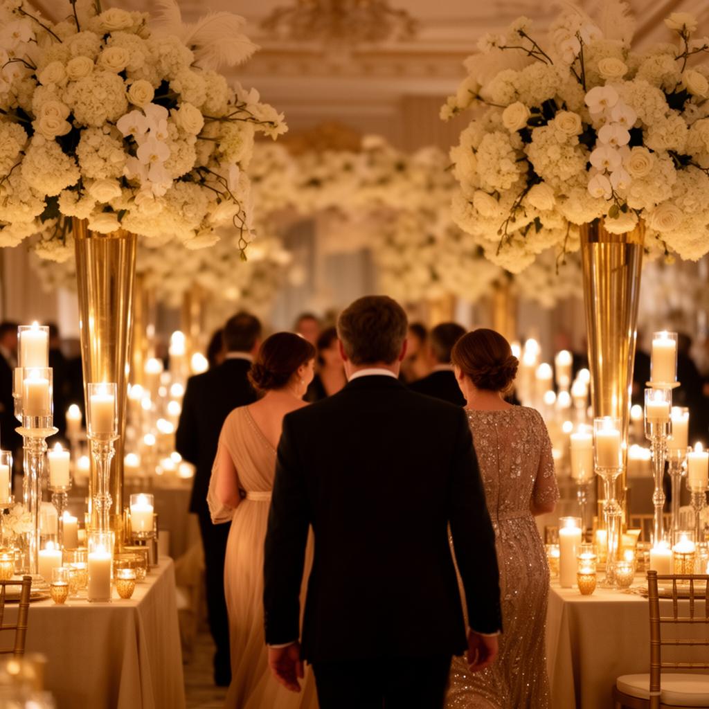 Guests entering an elegantly lit celebration