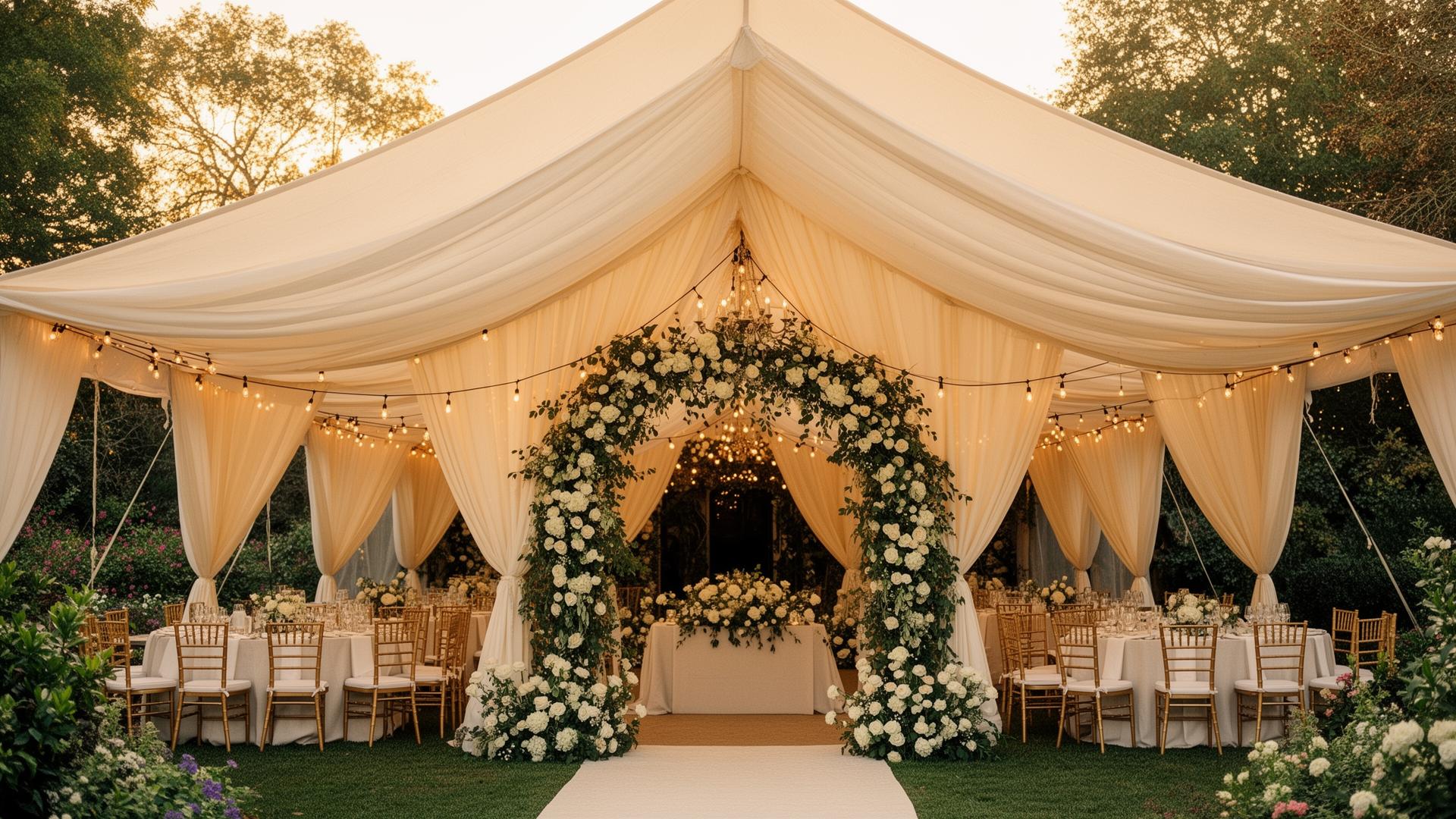 Outdoor draped tent reception at golden hour with floral arch